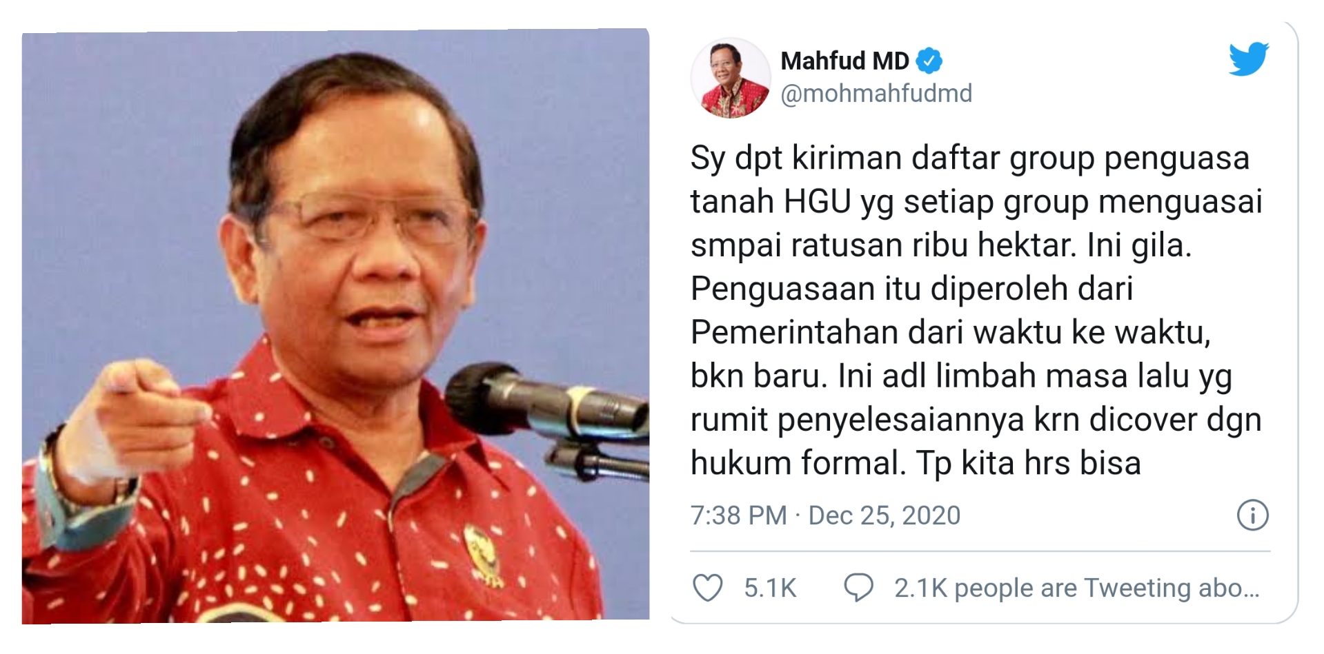 Mahfud MD Kaget Lihat Daftar Penguasa Lahan di Indonesia: Ini Gila!