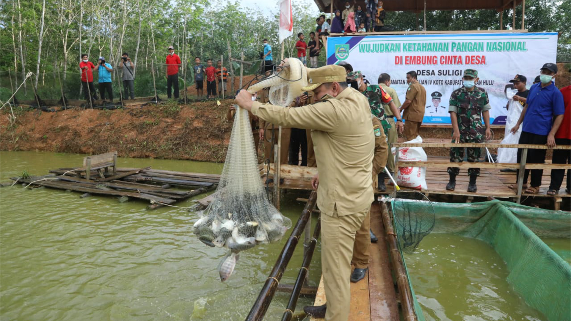 Dukung Program Ketahanan Pangan dan Perikanan, Bupati dan Wabub Rohul Hadiri Panen Raya Ikan Nila di Suligi
