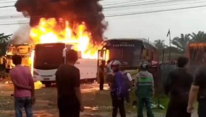 Belum Tahu Penyebabnya, Tiba-tiba 2 Bus Pariwisata di Pekanbaru Terbakar