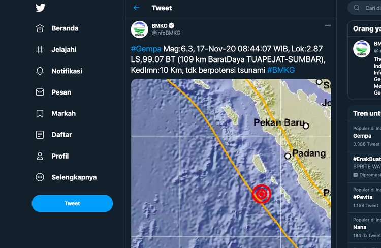 Gempa Bumi 6,3 M di Mentawai, Terasa di Padang Hingga Bengkulu, Tidak Berpotensi Tsunami
