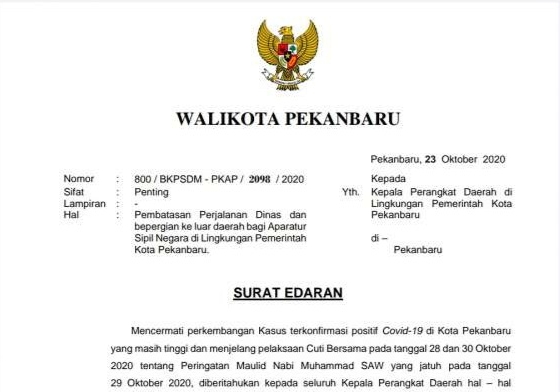 Keluarkan Surat Edaran, Walikota Pekanbaru Larang ASN Keluar Daerah Saat Libur Panjang