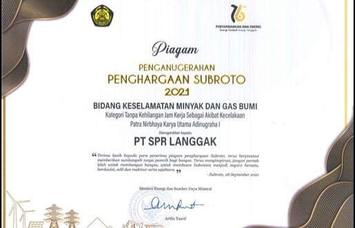 PT SPR Langgak Raih Penghargaan Bidang Keselamatan Migas dari Kementerian ESDM