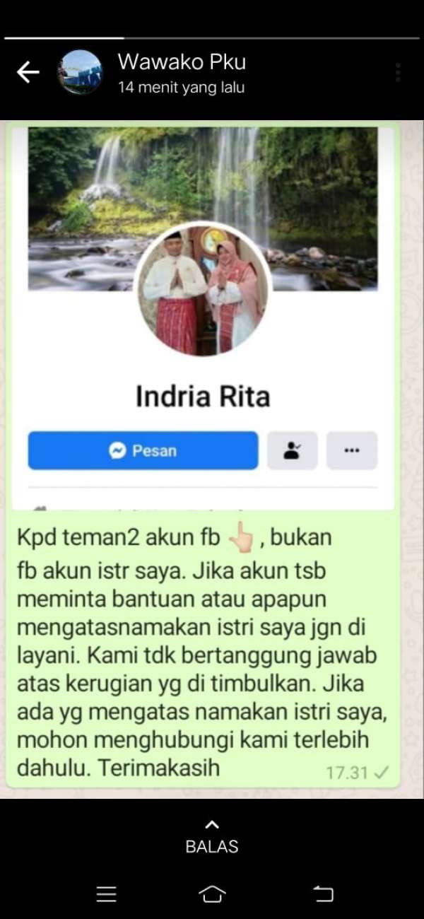 Akun Palsu FB Catut Nama Istri Wakil Walikota Pekanbaru, Minta Kirimkan Uang