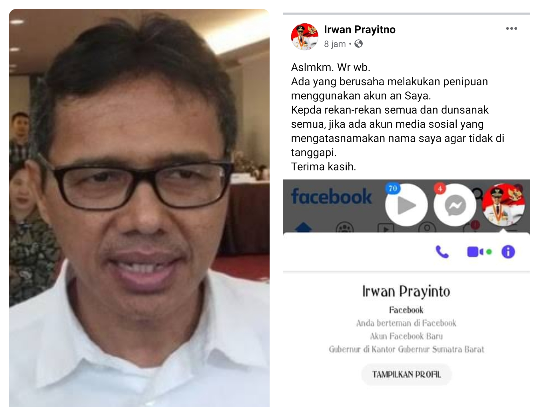 Akun Facebook Palsu Pakai Foto Gubernur Sumbar Beredar, tapi Namanya Irwan Prayinto