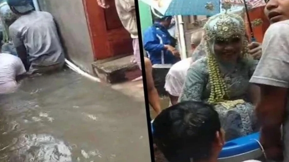 Pengantin Terjebak Banjir, Diangkut Pakai Bak Mandi Bayi Menuju Pelaminan