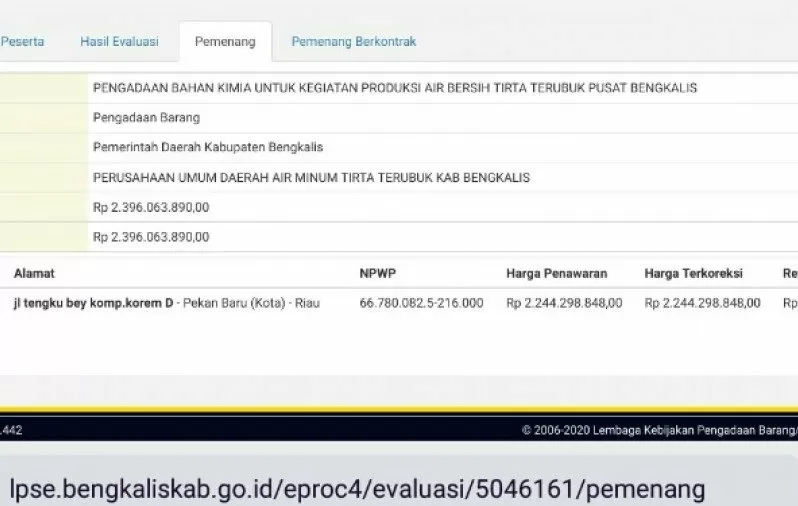 Menangkan Rekanan Tak Lengkap Dokumen, Tender Bahan Kimia di Bengkalis Dibatalkan
